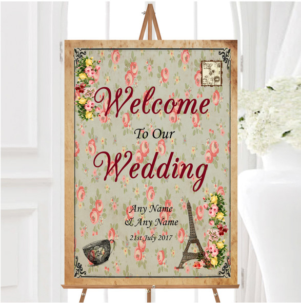 Vintage Paris Shabby Chic Postcard Floral Personalised Welcome Wedding Sign