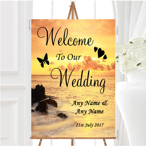 Beautiful Sunset Beach Abroad Personalised Any Wording Welcome Wedding Sign