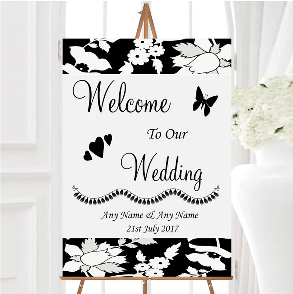 Black And White Floral Flower Personalised Any Wording Welcome Wedding Sign