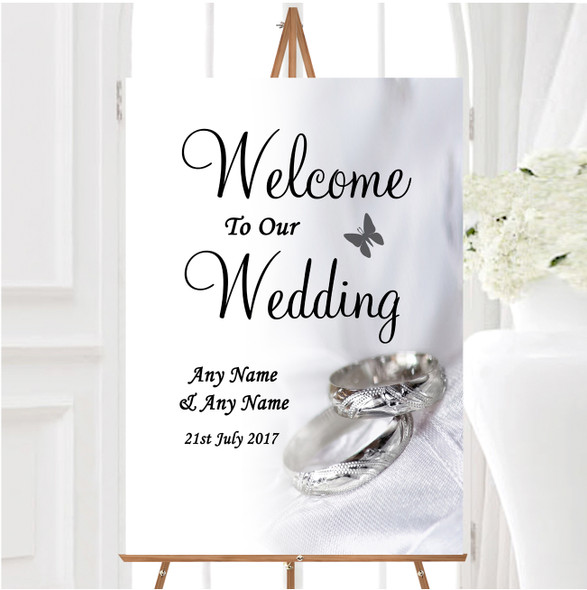 Classy White And Silver Rings Personalised Any Wording Welcome Wedding Sign