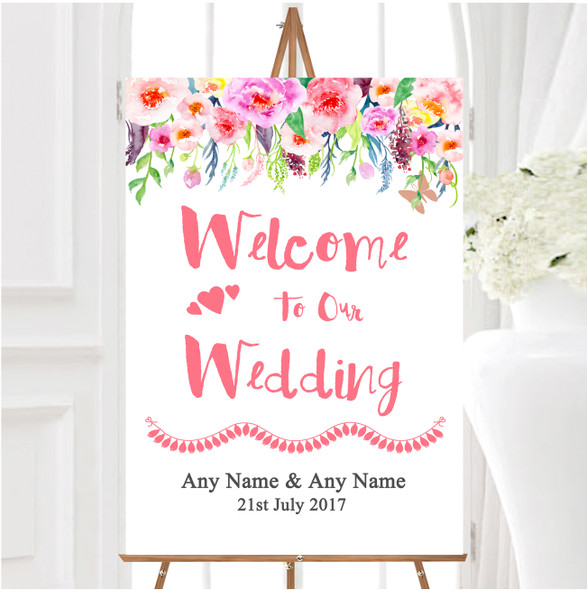 Coral Pink Watercolour Floral Personalised Any Wording Welcome Wedding Sign