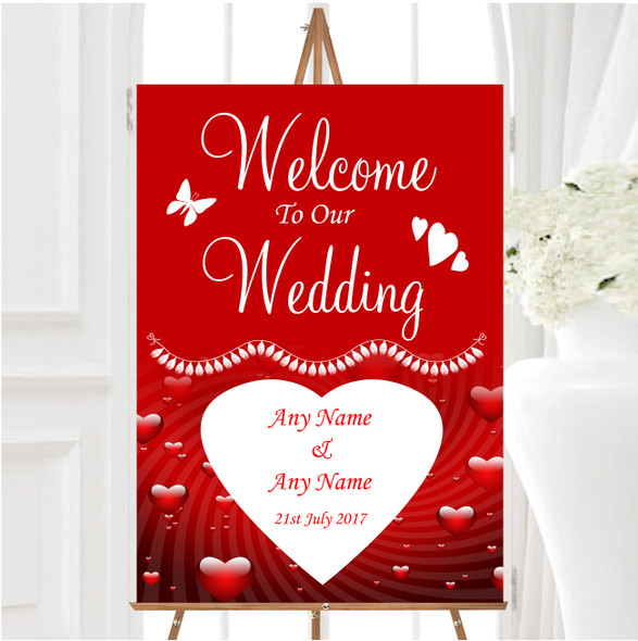 Deep Red Romantic Love Hearts Personalised Any Wording Welcome Wedding Sign