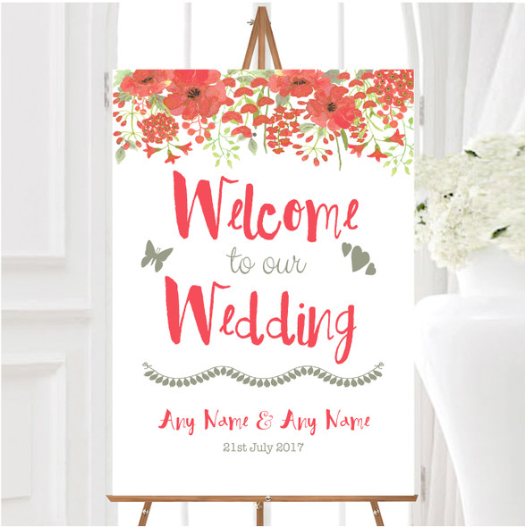 Watercolour Floral Coral Pink Personalised Any Wording Welcome Wedding Sign