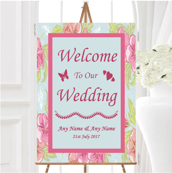 Pale Blue Pink Vintage Personalised Any Wording Welcome To Our Wedding Sign
