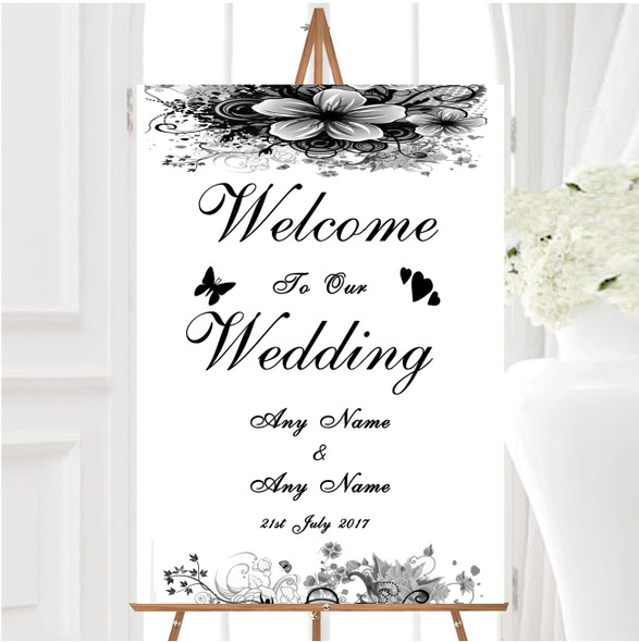 Black White Flower Butterfly Personalised Any Wording Welcome Wedding Sign