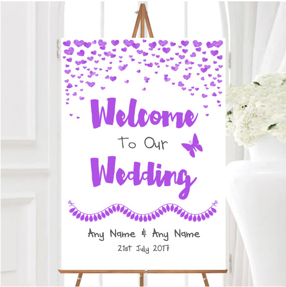 Purple Heart Confetti Personalised Any Wording Welcome To Our Wedding Sign