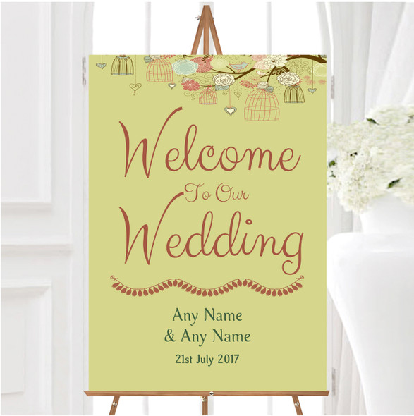 Vintage Shabby Chic Birdcage Gold Green Personalised Welcome Wedding Sign