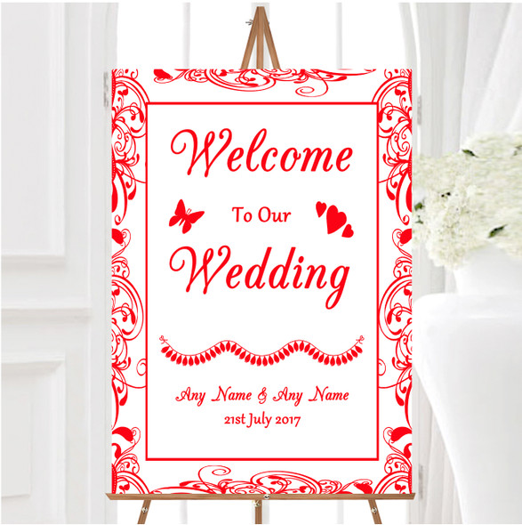 White Red Swirl Deco Personalised Any Wording Welcome To Our Wedding Sign