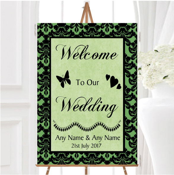 Green Black Damask Diamond Personalised Any Wording Welcome Wedding Sign