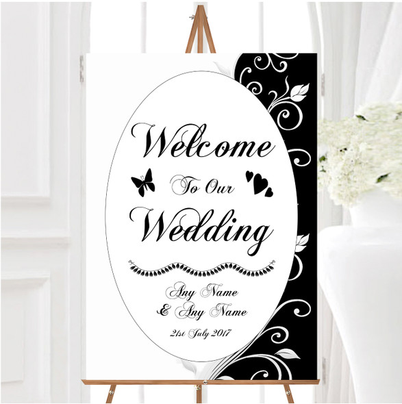 White Black Scroll Personalised Any Wording Welcome To Our Wedding Sign