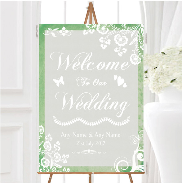 Rustic Green Lace Personalised Any Wording Welcome To Our Wedding Sign