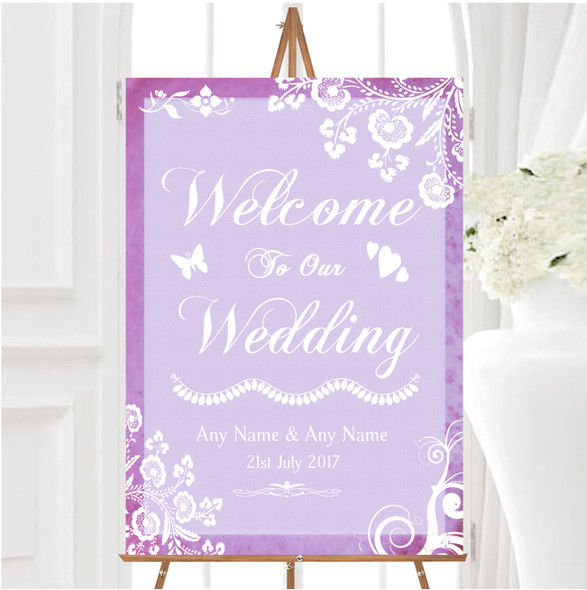 Rustic Lilac Lace Personalised Any Wording Welcome To Our Wedding Sign