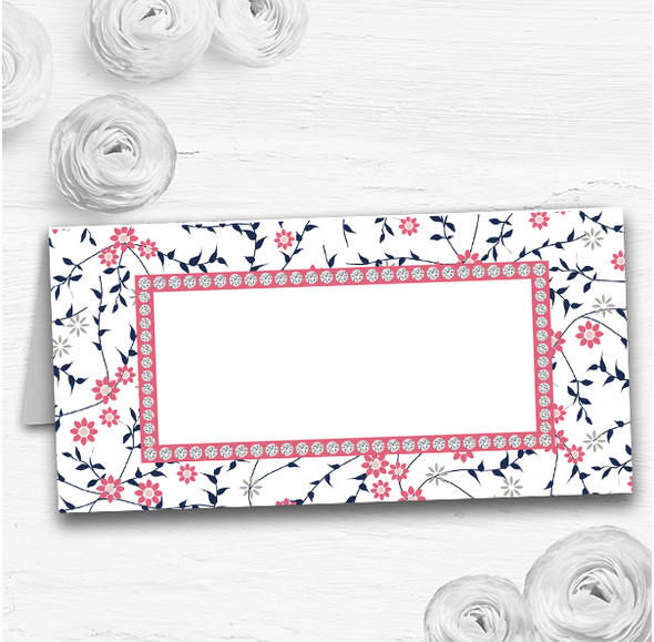 Navy Blue & Pink Subtle Floral Wedding Table Seating Name Place Cards
