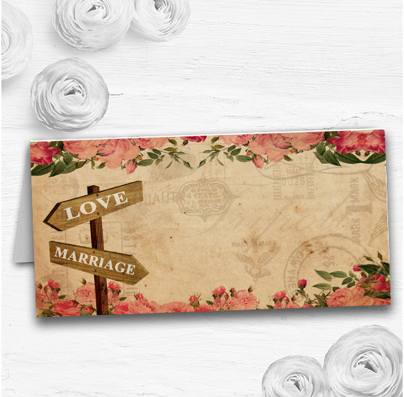 Rustic Pink Roses Signpost Shabby Chic Vintage Wedding Table Name Place Cards