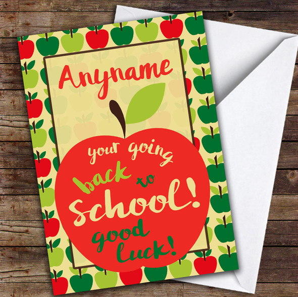 Back To School Apple Funky Text Personalised Good Luck Card