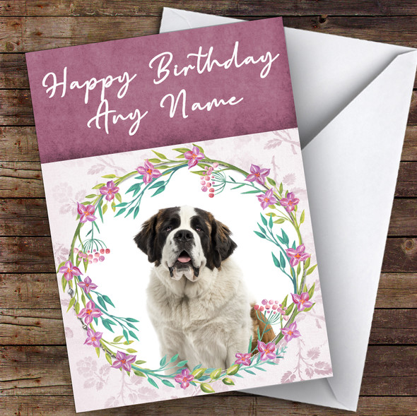 Saint Bernard Dog Pink Floral Animal Personalised Birthday Card