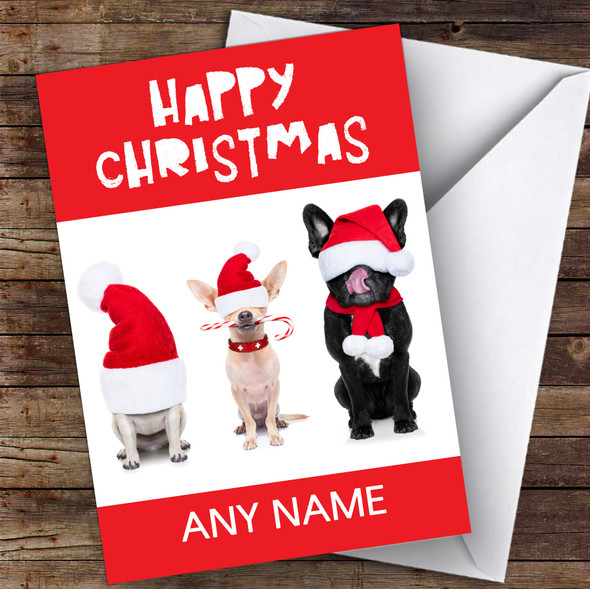 Three Cute Puppy Dogs In Hats Animal Personalised Christmas Card