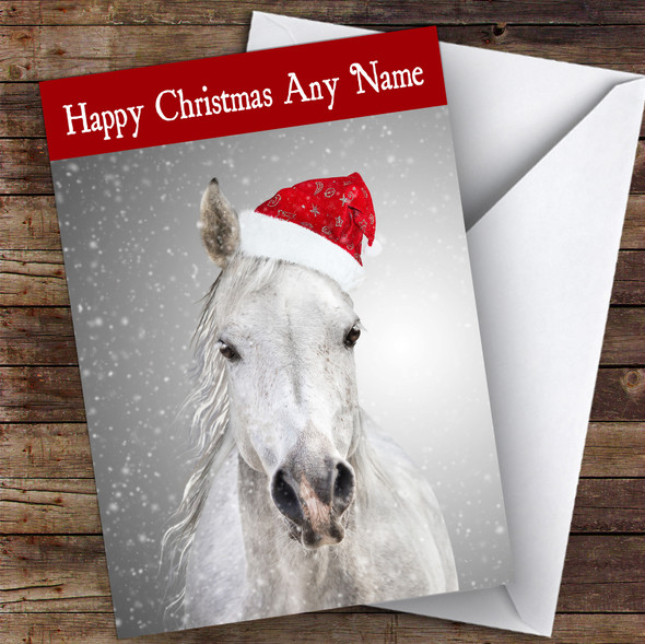 White Horse In Santa Hat Animal Personalised Christmas Card