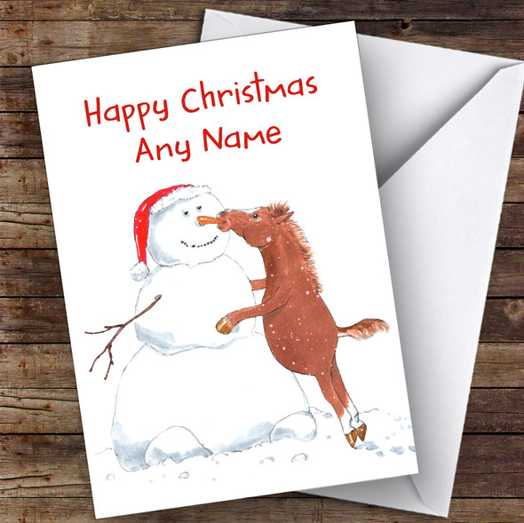 Horse Eating Snowman's Nose Funny Joke Personalised Christmas Card