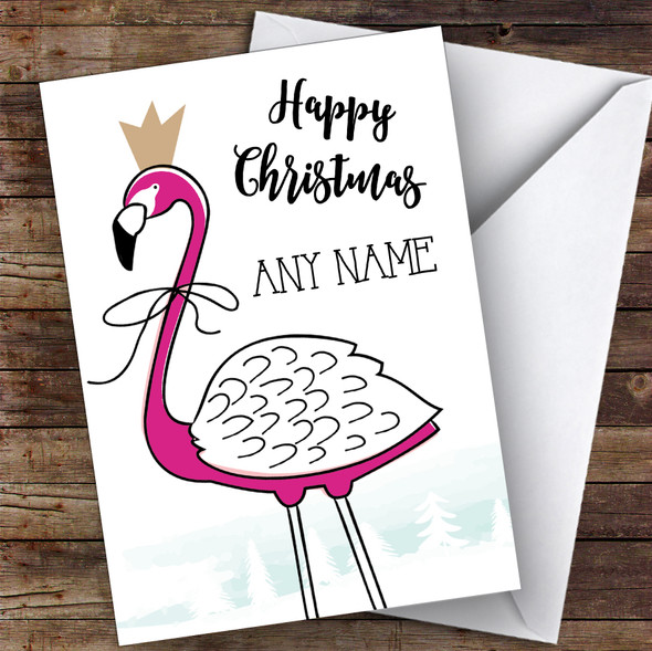 Flamingo In Crown Modern Personalised Christmas Card