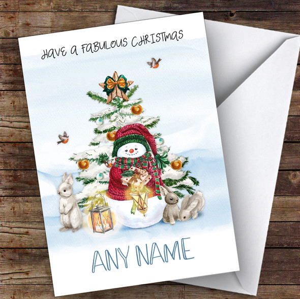 Snowman & Rabbits Traditional Personalised Christmas Card