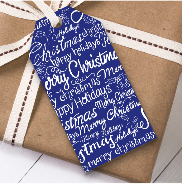Blue And White Text Christmas Gift Tags