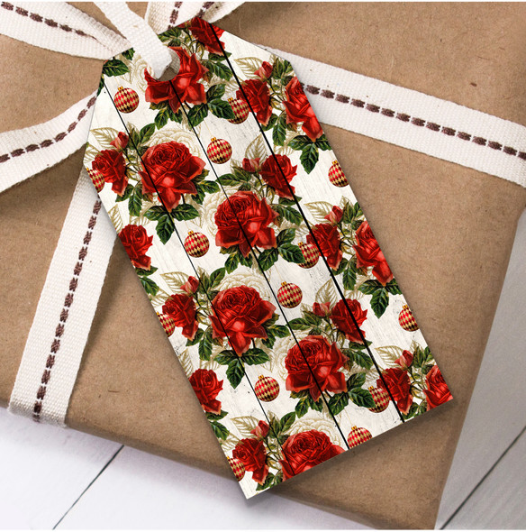 Wood And Red Roses Christmas Gift Tags