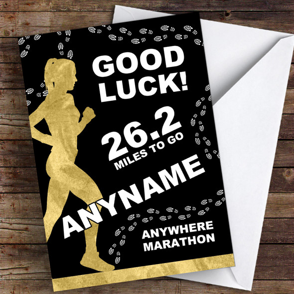 Marathon Black & Gold Style Female Fill-In Good Luck Personalised Good Luck Card