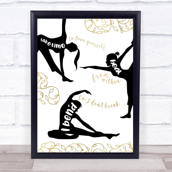 Yoga Quotes Silhouettes & Beautiful Leaves Gold Black White Typography Print