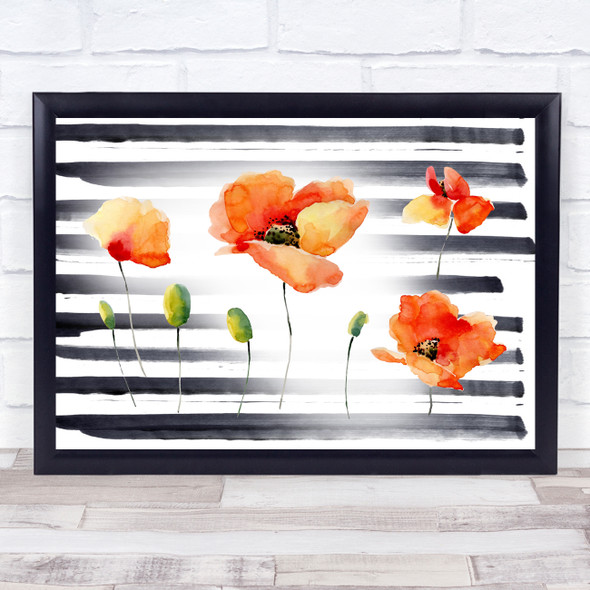 Stripes Poppies Watercolour Decorative Wall Art Print