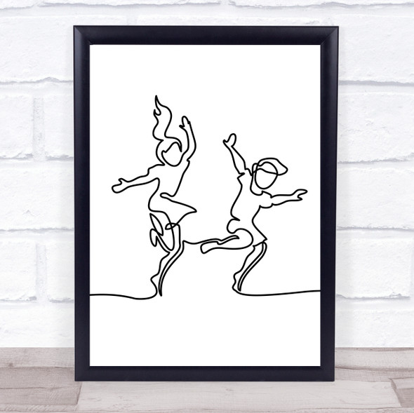 Black & White Line Art Boy And Girl Children Playing Decorative Wall Art Print