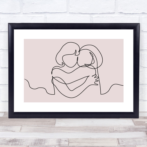 Block Colour Line Art Two Females Embracing Decorative Wall Art Print