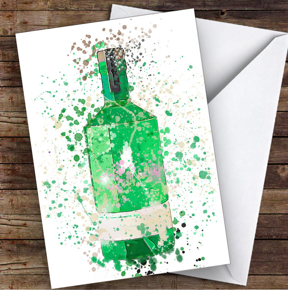 Watercolour Splatter Green Aloe Cucumber Gin Bottle Personalised Birthday Card