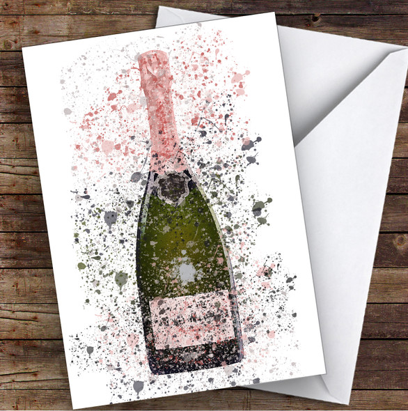 Watercolour Splatter Rose Pink Champagne Bottle Personalised Birthday Card