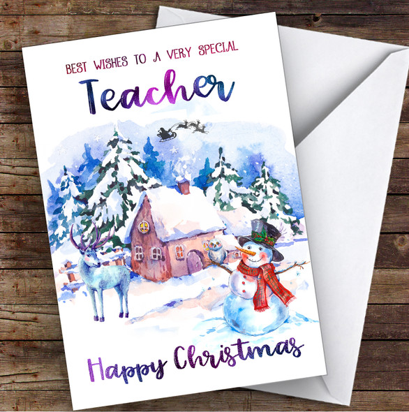 Watercolour Snowman Teacher Personalised Christmas Card