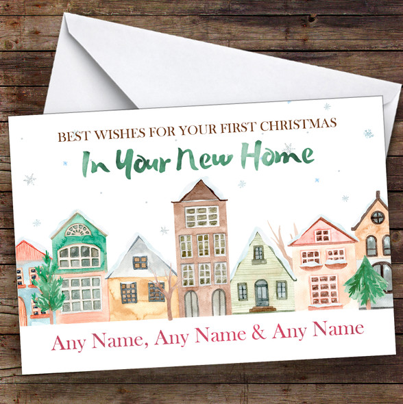 Watercolour Houses 10th Xmas In New Home Personalised New Home Christmas Card