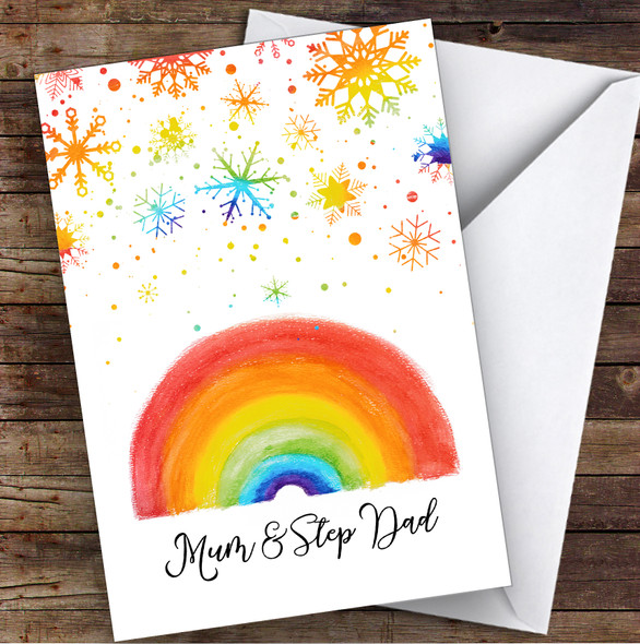 Mum & Step Dad Rainbow Snow Hope & Love At Christmas Personalised Christmas Card