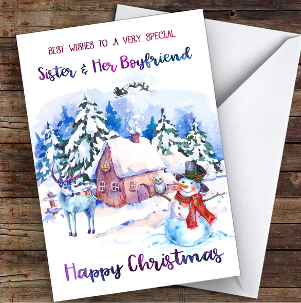 Watercolour Snowman Special Sister & Her Boyfriend Personalised Christmas Card