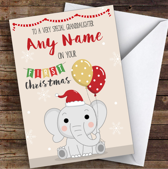 Cute Elephant Baby Frist Christmas Granddaughter Personalised Christmas Card