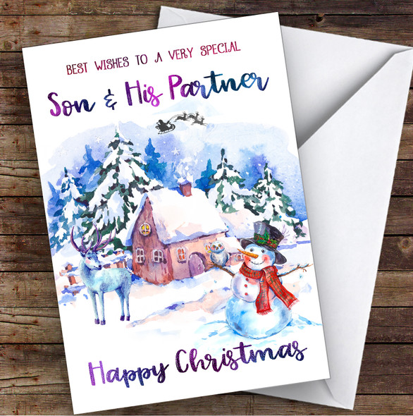 Watercolour Snowman Special Son & His Partner Personalised Christmas Card