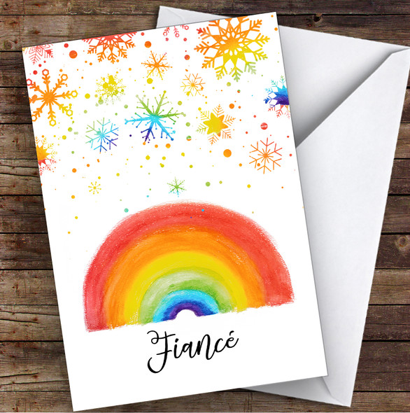 Fiancé Rainbow Snow Hope & Love At Christmas Personalised Christmas Card