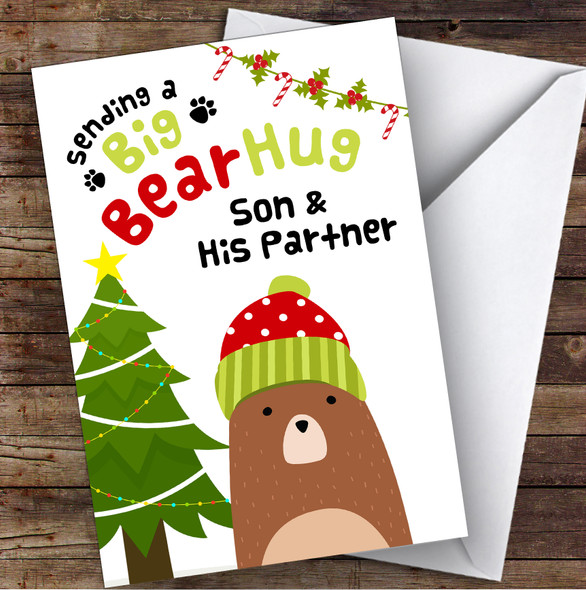 Son & His Partner Sending A Big Bear Hug Personalised Christmas Card