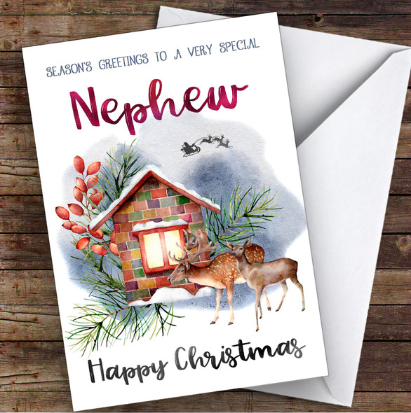 Watercolour Deer To Very Special Nephew Personalised Christmas Card
