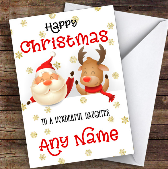 Cute Santa & Reindeer Peeping Daughter Personalised Christmas Card