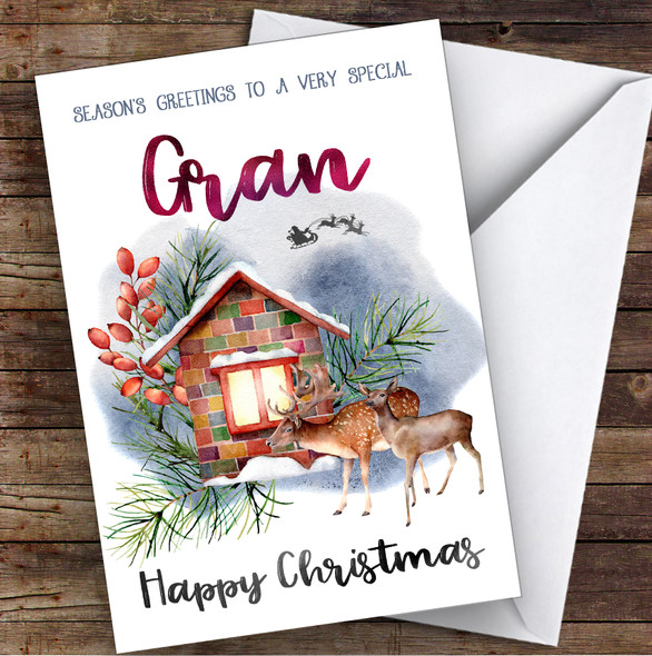 Watercolour Deer To Very Special Gran Personalised Christmas Card