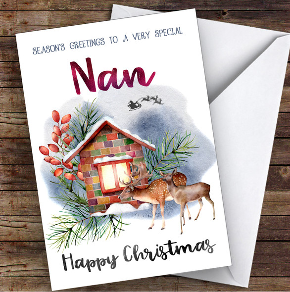 Watercolour Deer To Very Special Nan Personalised Christmas Card