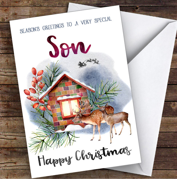 Watercolour Deer To Very Special Son Personalised Christmas Card