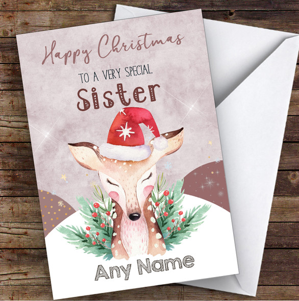 Watercolour Reindeer Special Sister Personalised Christmas Card