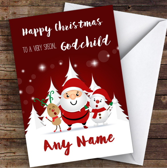 Red Santa Snowman Special Godchild Personalised Christmas Card