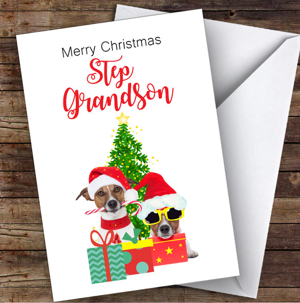 Step Grandson Christmas Party Dogs Personalised Christmas Card